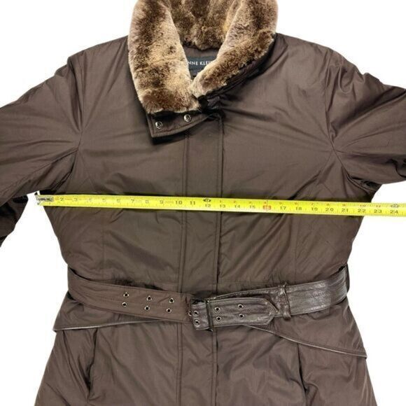 Anne Klein Rabbit Fur Trimmed Coat Sz M Brown Down Filled Belted Classic Jacket - Picture 13 of 16